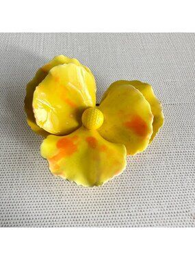 Yellow Orange Enamel Pansy Flower Brooch Mid Century Gold Tone Pin